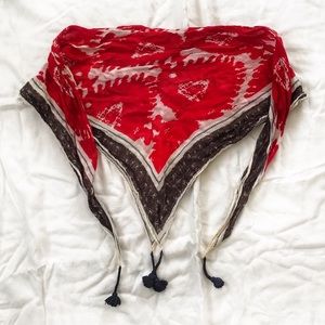 Red and Brown Handkerchief Scarf w Navy Tassels